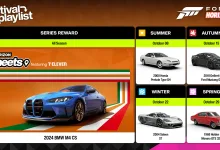 Forza Horizon 6 Horizon Meets featuring 7-Eleven Festival Playlist graphic with the BMW M4 CS series reward and four seasonal car rewards.