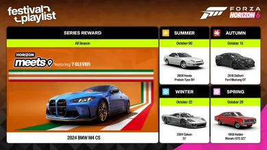 Forza Horizon 6 Horizon Meets featuring 7-Eleven Festival Playlist graphic with the BMW M4 CS series reward and four seasonal car rewards.