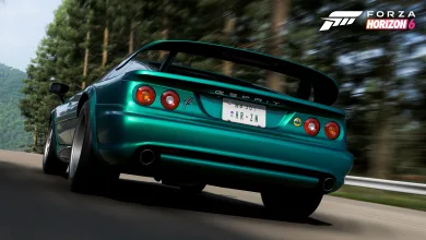 Green Lotus Esprit V8 driving along a wooded road in Forza Horizon 6