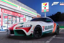 A 7-Eleven-liveried Toyota Supra GR parked outside a convenience store in Forza Horizon 6
