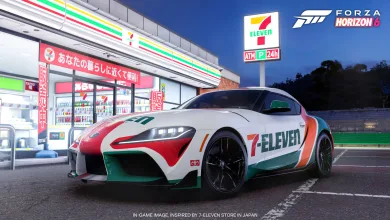 A 7-Eleven-liveried Toyota Supra GR parked outside a convenience store in Forza Horizon 6
