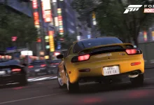 A yellow sports car speeds through city traffic at night in Forza Horizon 6.