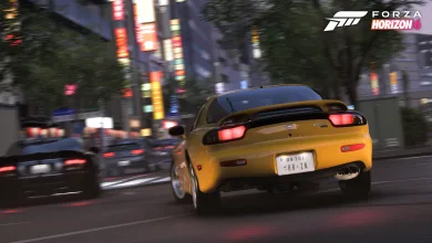 A yellow sports car speeds through city traffic at night in Forza Horizon 6.