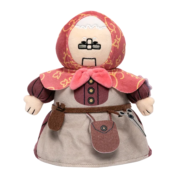 Front view of the Beatrice the Tailor plush wearing her hood and apron
