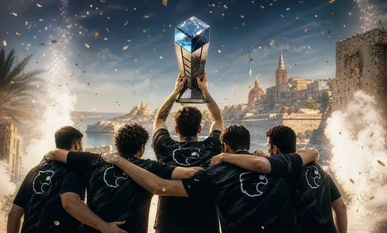 Five esports players in black jerseys celebrate together as one raises a trophy above them, with confetti and a coastal city in the background.