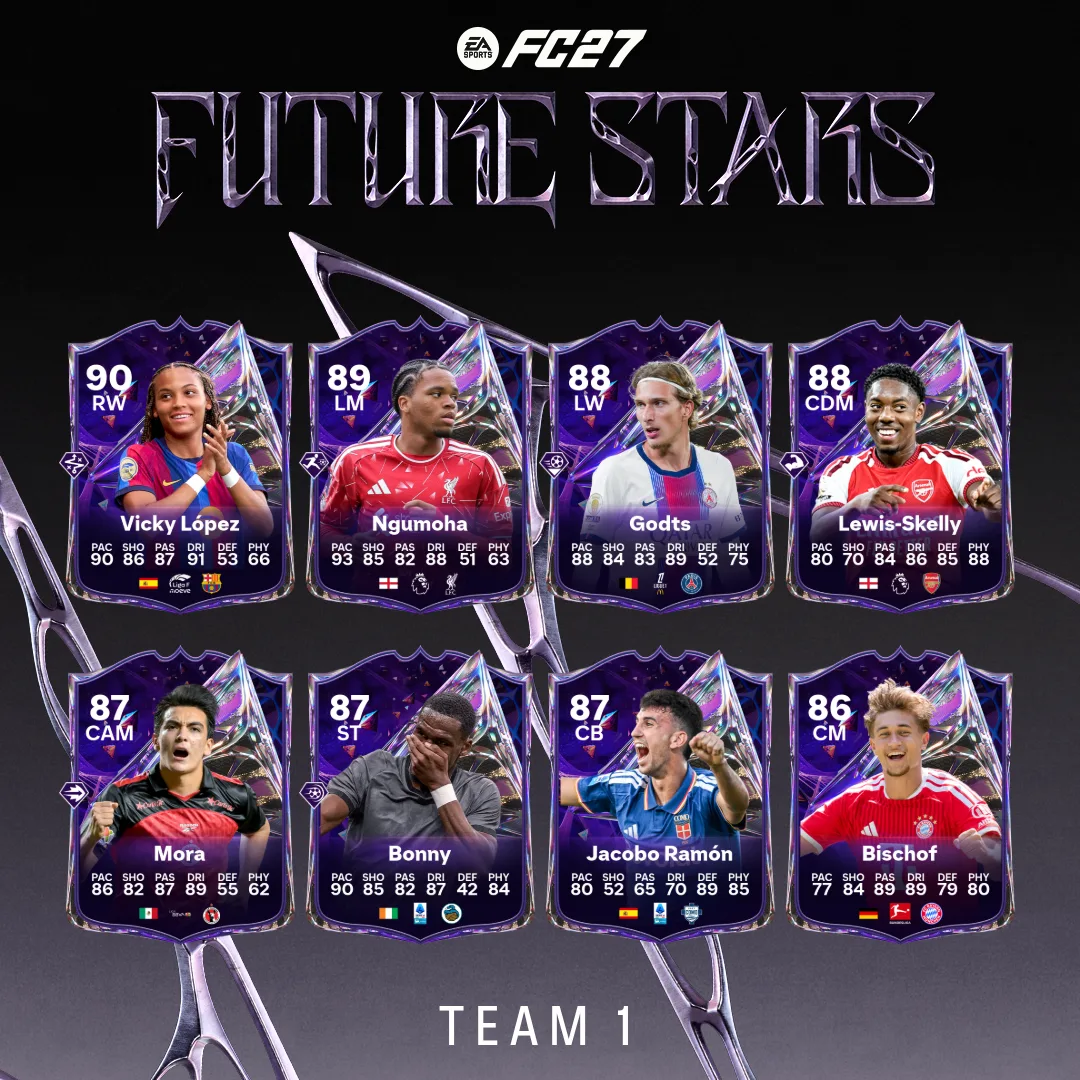 Future Stars Team 1 cards featuring eight Football Ultimate Team players rated from 86 to 90