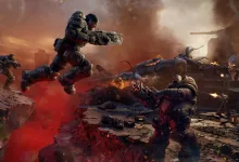 Gears of War: E-Day soldiers exchange fire across a devastated battlefield as smoke and debris fill the scene.