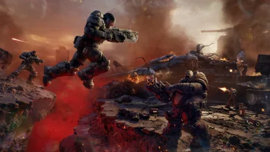 Gears of War: E-Day soldiers exchange fire across a devastated battlefield as smoke and debris fill the scene.