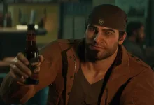 A Gears of War: E-Day character in a brown jacket holds a bottle in a dimly lit bar.