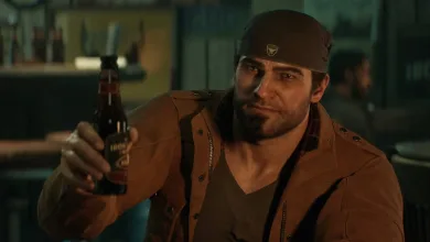 A Gears of War: E-Day character in a brown jacket holds a bottle in a dimly lit bar.