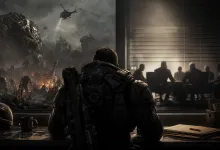 An armored Gears of War: E-Day soldier looks toward a burning, devastated city while silhouetted office figures meet behind glass.