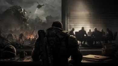 An armored Gears of War: E-Day soldier looks toward a burning, devastated city while silhouetted office figures meet behind glass.