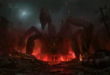A towering Locust creature looms over a burning battlefield in Gears of War: E-Day.