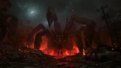 A towering Locust creature looms over a burning battlefield in Gears of War: E-Day.