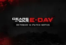 Dark red-and-black title card with the Gears of War: E-Day logo and October 14 patch notes text.