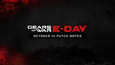 Dark red-and-black title card with the Gears of War: E-Day logo and October 14 patch notes text.
