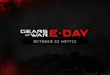 Dark red-and-black Gears of War: E-Day title card labeled October 22 Hotfix.