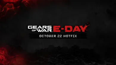 Dark red-and-black Gears of War: E-Day title card labeled October 22 Hotfix.