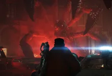 An armored soldier stands in a red-lit street facing a large creature amid damaged cars in Gears of War: E-Day.