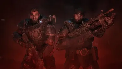 Two armored Gears of War: E-Day soldiers stand with rifles in a red smoky battle scene