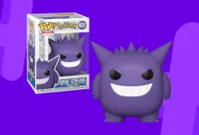 A boxed Gengar Funko Pop figure beside an unboxed figure on a purple background.