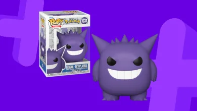 A boxed Gengar Funko Pop figure beside an unboxed figure on a purple background.