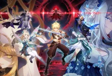 The Traveler stands among Genshin Impact characters in a dramatic red-and-blue fantasy scene.