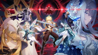 The Traveler stands among Genshin Impact characters in a dramatic red-and-blue fantasy scene.