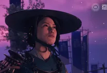 A woman in samurai armor and a wide hat stands against a purple-lit backdrop in Ghost of Yōtei artwork for the Official PlayStation Podcast.