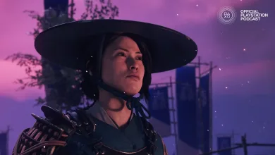 A woman in samurai armor and a wide hat stands against a purple-lit backdrop in Ghost of Yōtei artwork for the Official PlayStation Podcast.