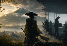A cloaked samurai stands before a mountain landscape as the scene dissolves into a shadowy modern office with employees.