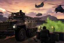 An armored Half-Track provides cover as soldiers face enemies in a cloud of green gas, with helicopters overhead.