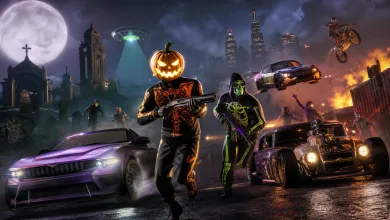 Pumpkin-headed and hooded characters stand among sports cars and motorcycles on a smoky Halloween night street beneath a full moon and city skyline.