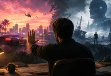 A seated game creator looks toward a neon coastal city on one side and a ruined sci-fi landscape with a giant robotic head on the other.