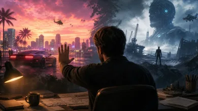 A seated game creator looks toward a neon coastal city on one side and a ruined sci-fi landscape with a giant robotic head on the other.