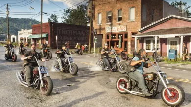 Several bikers ride past storefronts on a street in Grand Theft Auto VI.