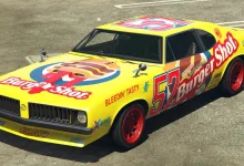 A yellow race car with Burger Shot branding and red wheels.
