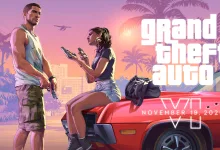 Jason stands beside Lucia seated on a red car, with the Grand Theft Auto VI logo and November 19, 2026 launch date.