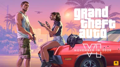 Jason stands beside Lucia seated on a red car, with the Grand Theft Auto VI logo and November 19, 2026 launch date.