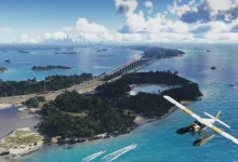 A small seaplane flies above tropical islands and a long bridge in Grand Theft Auto VI.