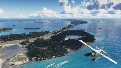 A small seaplane flies above tropical islands and a long bridge in Grand Theft Auto VI.