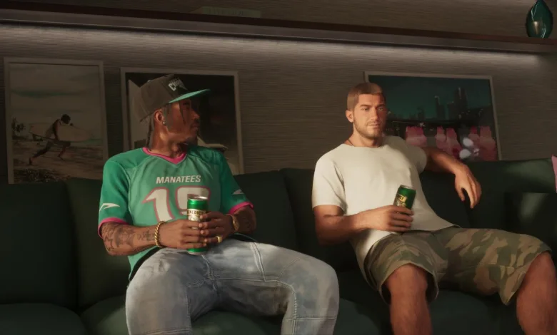 Two men sit on a couch holding drinks in a Grand Theft Auto VI scene.