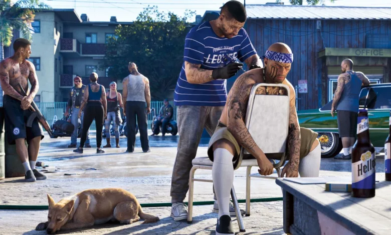 A man trims a seated customer’s hair on a lively neighborhood street in Grand Theft Auto VI.