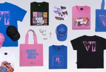 Grand Theft Auto VI T-shirts, caps, tote bags and small accessories arranged on a light background.