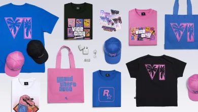 Grand Theft Auto VI T-shirts, caps, tote bags and small accessories arranged on a light background.