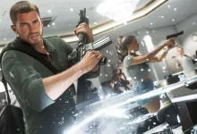 A man holds a rifle while a woman aims a handgun inside a storefront filled with shattered glass.