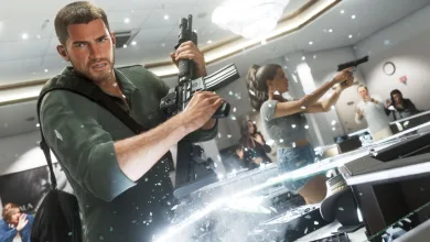 A man holds a rifle while a woman aims a handgun inside a storefront filled with shattered glass.