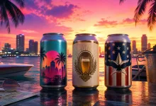 Three beer cans with Vice City-inspired, pilsner, and U.S. flag-inspired labels on a tropical waterfront at sunset.