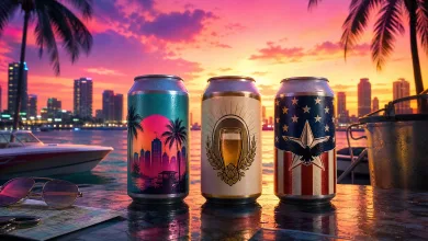 Three beer cans with Vice City-inspired, pilsner, and U.S. flag-inspired labels on a tropical waterfront at sunset.