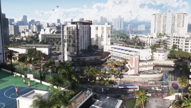 A bright urban neighborhood in Grand Theft Auto VI, with high-rise buildings, a basketball court, palm trees, and traffic.